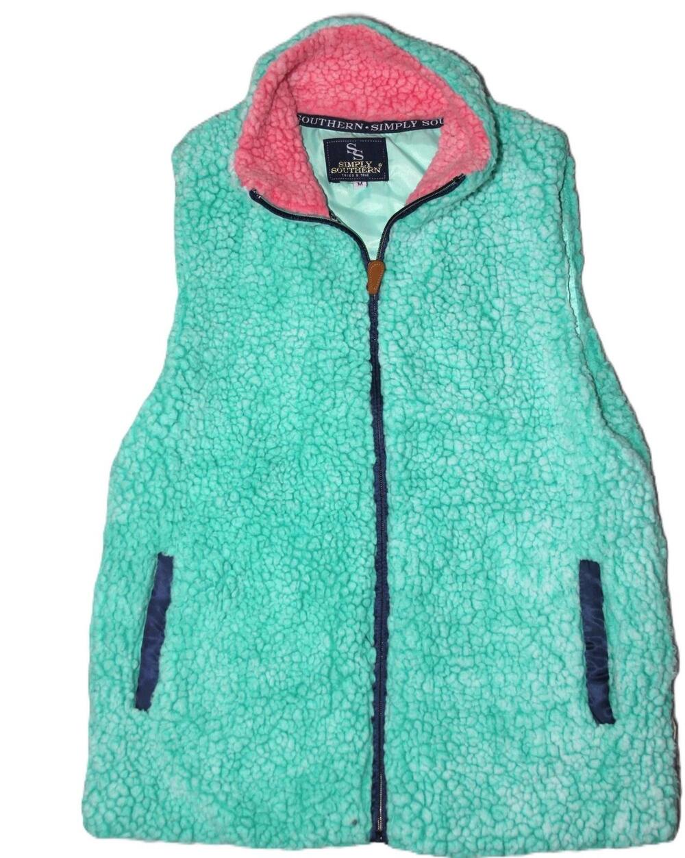 Simply Southern Vest Womens M Green Faux Fur Full Zip Pockets Lined Collared
